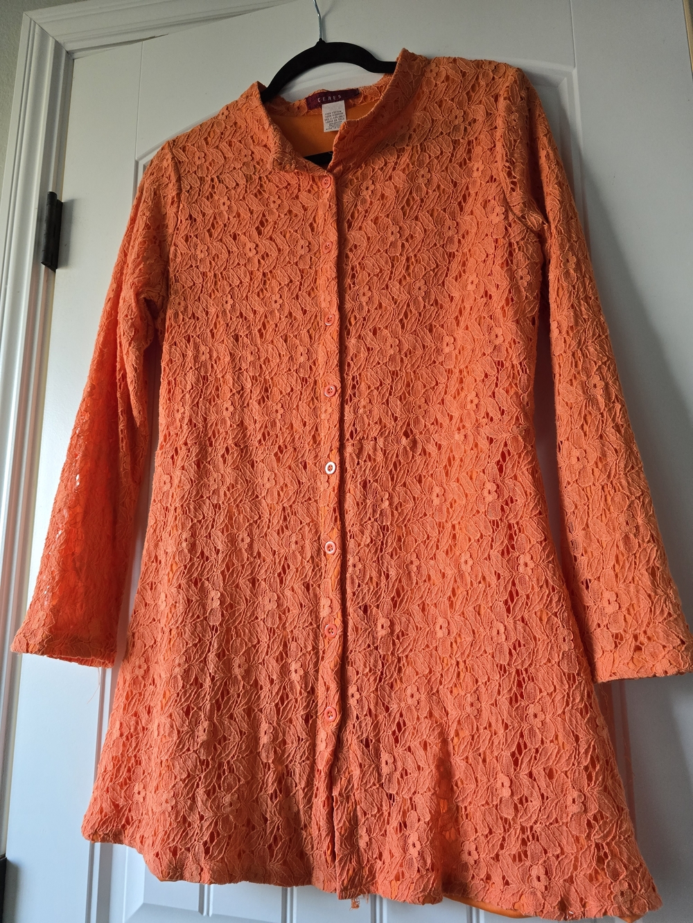 Vintage Ceres Orange Lace Mini Dress Button Front 90s Boho Festival Cottagecore - Picture 3 of 12